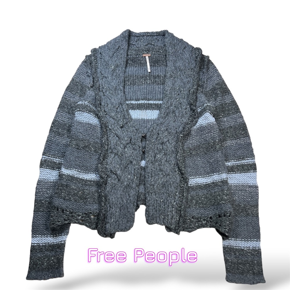 Free People Striped Knit Cardigan Button Up Sweater Gray Blue Oversized Medium